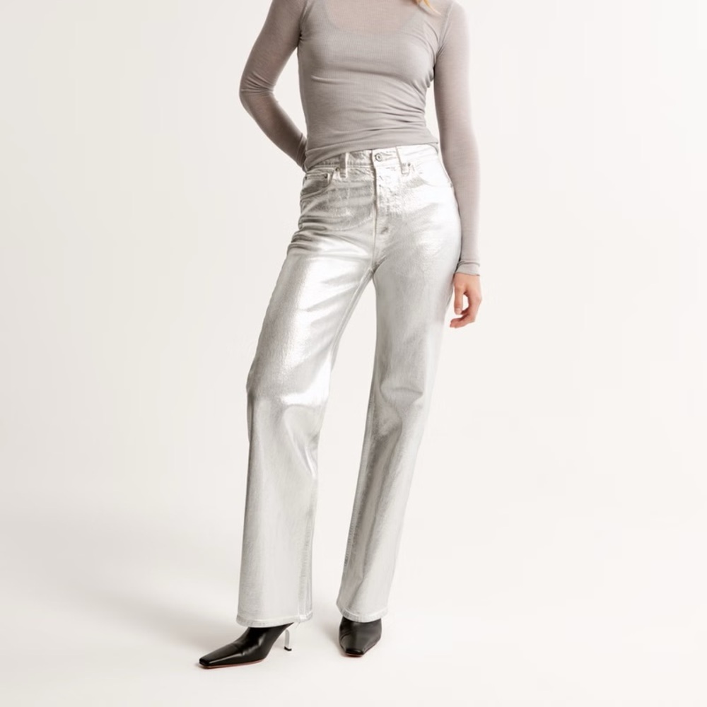 Abercrombie & Fitch 90s Straight Ultra High Rise Silver Faux Leather Pants sz 27